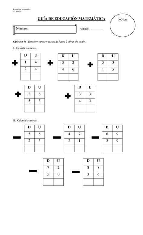 Guía de matematica sumasyrestas 1ro basico Educación Matemática 1º