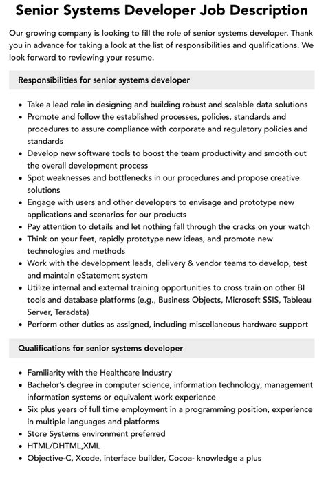 Senior Systems Developer Job Description Velvet Jobs