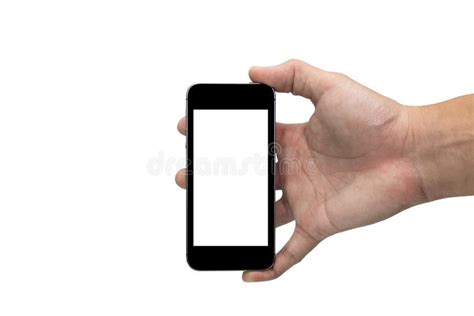 Hand Holding A Smart Phone With Blank Screen Isolated On White Stock