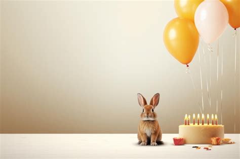 Premium Photo Cute Rabbit In Front Of Birthday Cake With Balloons