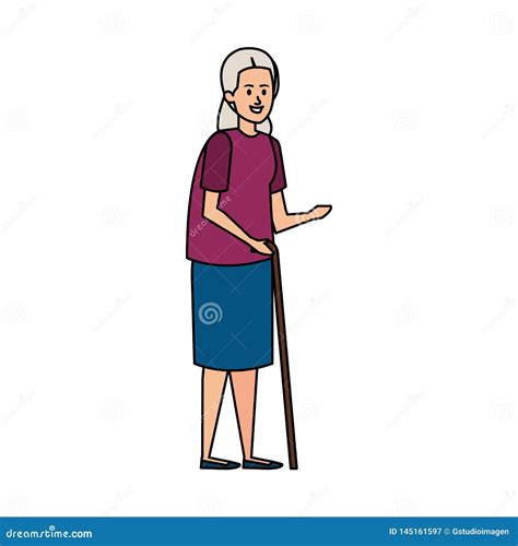 Old Woman With Cane Character Stock Vector Illustration Of Stick