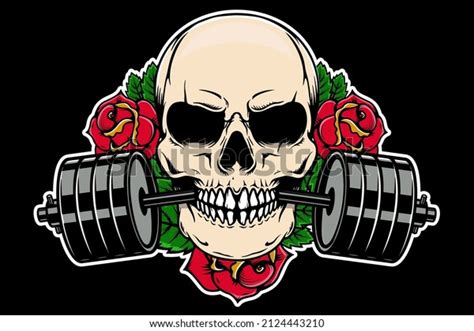 Skull Barbell Teeth Roses Vector Illustration Stock Vector Royalty Free 2124443210 Shutterstock