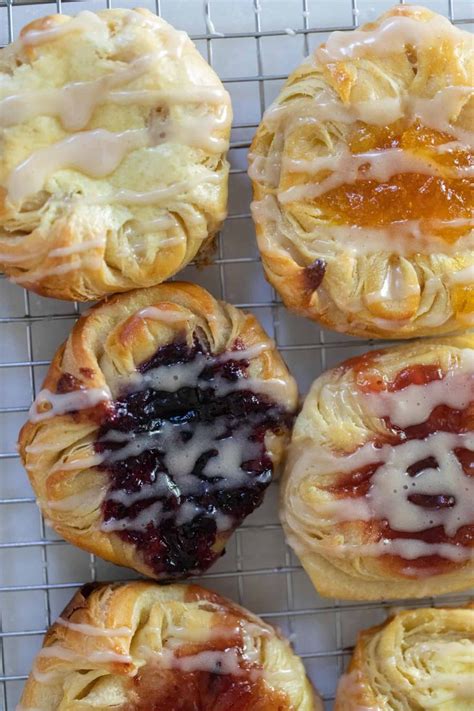 Flaky Danish Sourdough Pastries With Cream Cheese And Jam Filling And