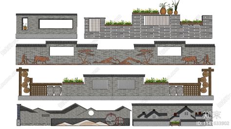 新中式乡村景墙围墙su模型下载【id1141633902】知末su模型网