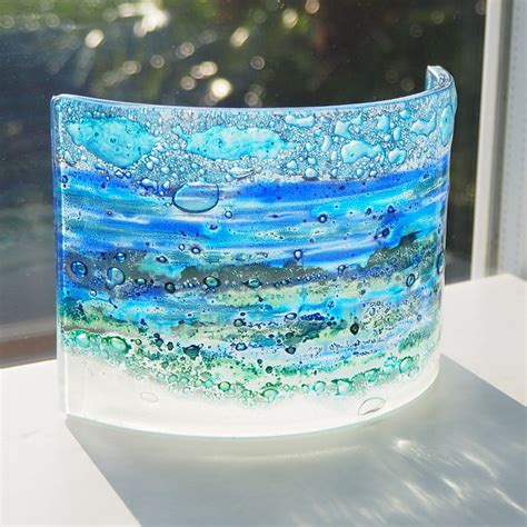 Fused Glass Seascape Candle Screen Curve Glass Beach Scene Etsy Uk Fused Glass Wall Art