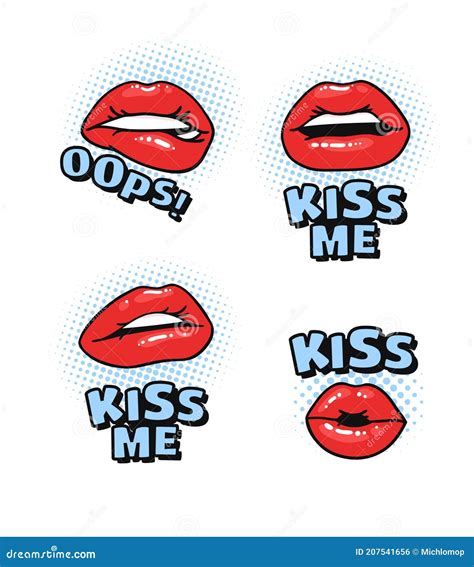 Female Lips With Gloss Red Lipstick And Text Pop Art Style Vector