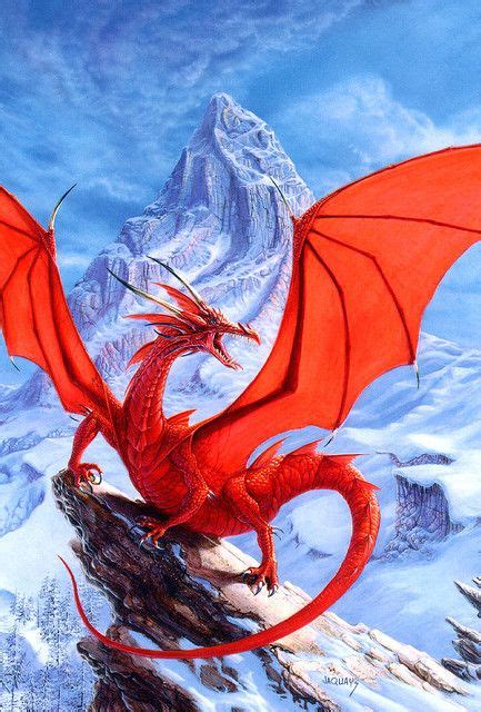 Dragons Red Dragon On Rock In Snowy Mountains Pic Fantasy Dragon