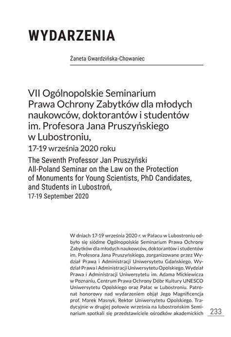 Pdf Vii Og Lnopolskie Seminarium Prawa Ochrony Zabytk W Dla M Odych