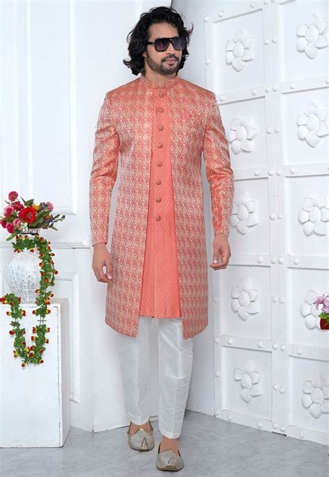 Buy Woven Art Jacquard Silk Layered Sherwani In Peach Online Mly