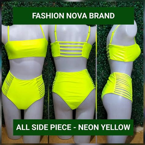 Two Piece Branded Fashion Nova All Side Piece Bikini Neon Yellow And Black Medium Large Sizes