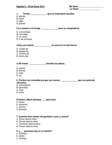 Spanish I final exam | Teaching Resources