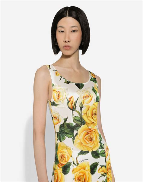 Long Organzine Round Neck Dress With Yellow Rose Print In Print For