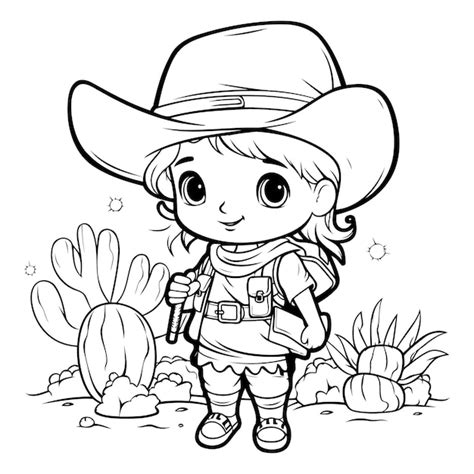 Premium Vector | Coloring page outline of a cute little cowboy girl ...