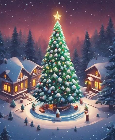 Premium Ai Image Christmas Tree In A Snowy Village With A Star On Top