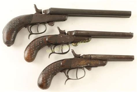 Collection Of 3 Antique Double Barrel Pistols