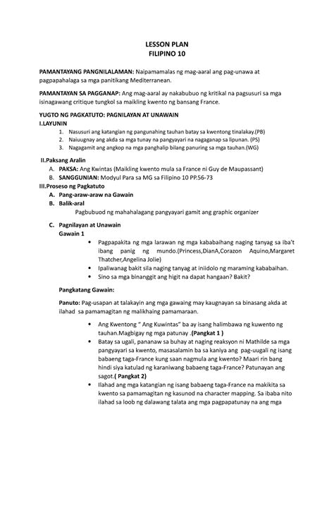 Lesson Plan Juliet Plan Lesson Plan Filipino 10 Pamantayang Pangnilalaman Naipamamalas Ng