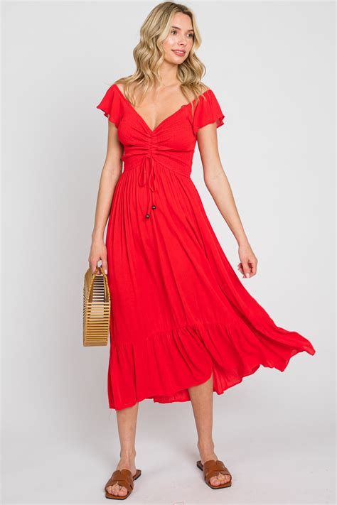 Red Smocked Ruched Ruffle Hem Maxi Dress Pinkblush