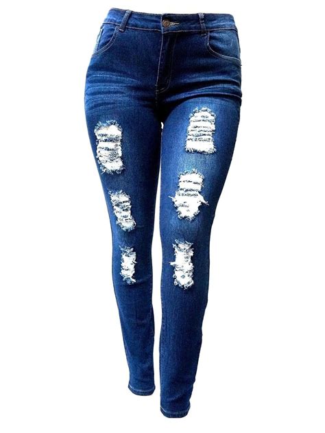 Jack David Women's Plus Size Stretch Distressed Ripped Blue Skinny Denim Jeans Pants - Walmart.com