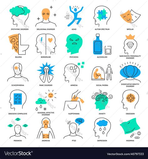 Mental Disorders Icon Set In Line Style Royalty Free Vector