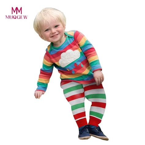 Children Clothing Set Long Sleeve Cotton Toddler Kids Baby Girl Boy Rainbow T shirt Tops+Striped ...