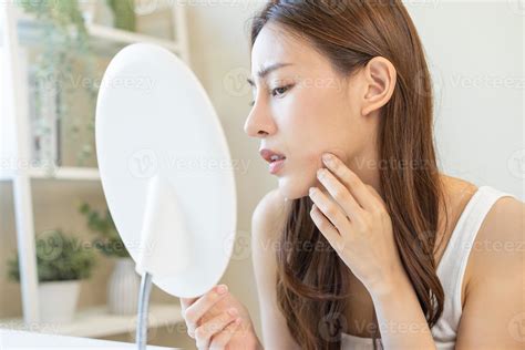 Dermatology Puberty Asian Young Woman Girl Looking Into Mirror