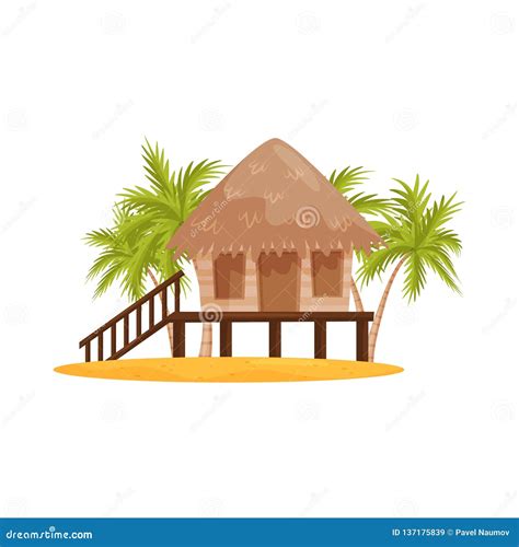 Beach Bungalow With Wooden Porch And Stairs Green Palm Trees On