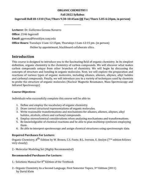 ORG 1 Syllabi GGN Fall 2022 ORGANIC CHEMISTRY I Fall 2022 Syllabus