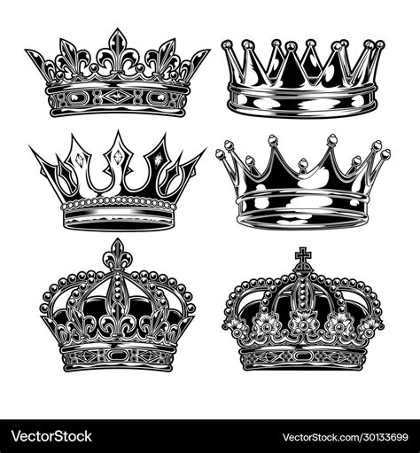 Crown King And Queen Set Black White Royalty Free Vector