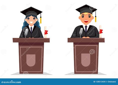 Graduate Boy And Girl Solemn Tribune Speech Character Flat Design