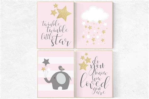 Twinkle twinkle little star nursery, elephant nursery art, pink gold nursery decor, baby girl ...