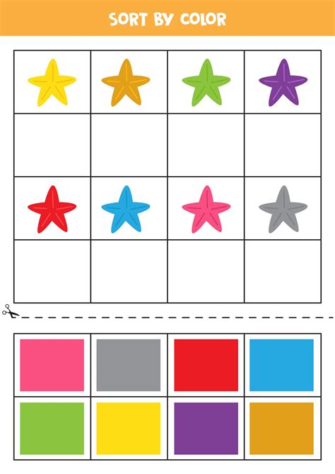 Sort pictures by color. Cartoon sea stars. Game for kids. Cut and glue. 2922174 Vector Art at ...