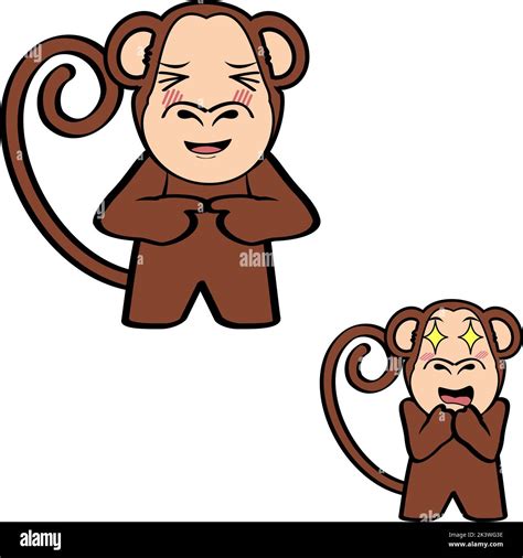 Ashamed Standing Monkey Cartoon Expressions Pack Illustration In Vector