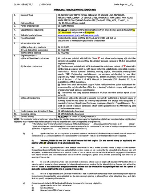 Fillable Online IV R APPENDIX A TO NOTICE INVITING TENDER NIT