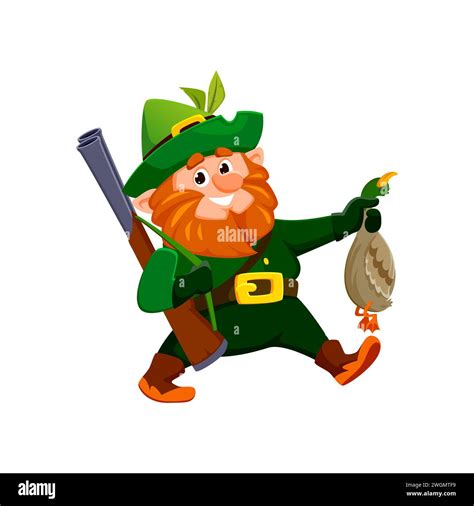 Cartoon Gnome Or Dwarf Hunter Character Holds A Plump Orange Beaked Duck In Its Arms With A