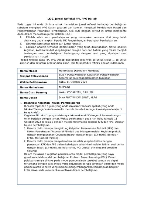 Lk Jurnal Refleksi Ppl Ppg Daljab Nur Aini Lk Jurnal Refleksi