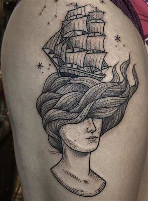 Big Black And White On Thigh Tattoo Of Mystical Woman With Sailing Ship Tattooimages