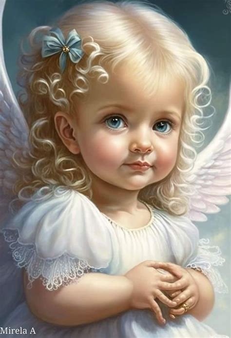 A Painting Of An Angel With Blue Eyes And Blonde Hair Wearing A White