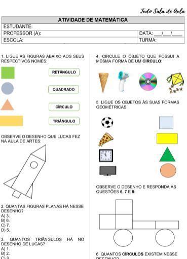 Atividade Figuras Planas 1 Ano - Atividade de matemática sobre figuras planas para o 1º ano do ensino ...