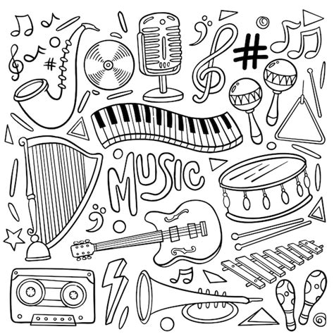 Conjunto De Tema De Música Desenhado à Mão Isolado Em Fundo Branco Doodle Conjunto De Ilustração