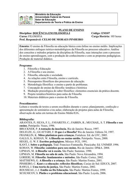 PDF PLANO DE ENSINO DOCÊNCIA EM FILOSOFIA I Código ŠNCIA