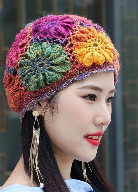 Women Orange Hollow Out Multicolor Flower Knit Bonnie Hat Easy