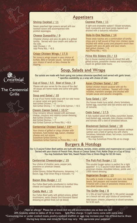 Menu at Centennial Grille pub & bar, Medford