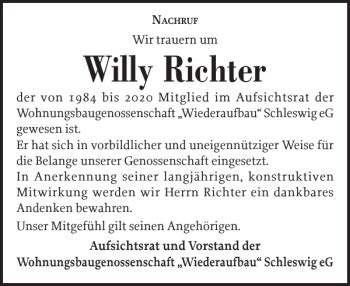 Traueranzeigen Von Willy Richter Sh Z Trauer