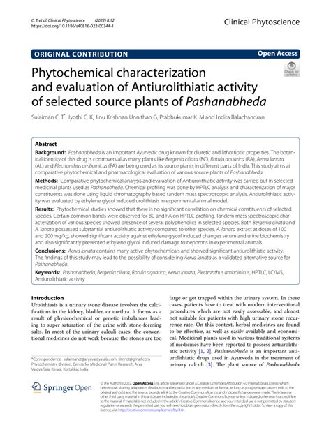 Pdf Phytochemical Characterization And Evaluation Of Antiurolithiatic