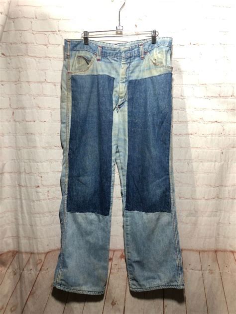 Retro 1970s Patchwork Denim Jeans Faded Dark Denim Patches W/ Plaid Inside Lining | Boardwalk ...