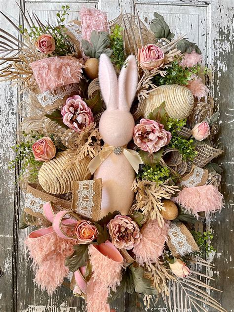 Pink Flocked Bunny Boho Wreath Easter Eggs Easter Bunny Etsy