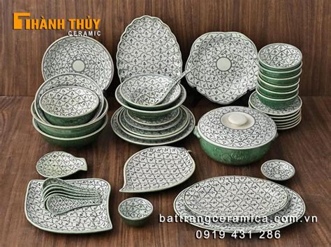 Bộ bát đĩa bát tràng bèo xanh ngọc 42 món gốm sứ cao cấp