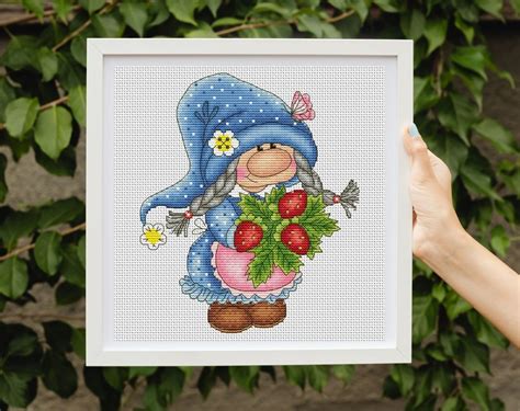 Gnome Girl With Strawberries Cross Stitch Pattern Code KPX 076