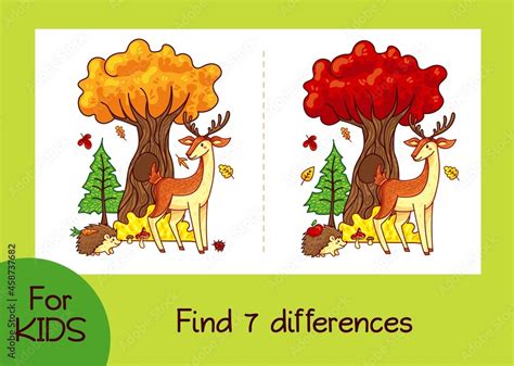 Find 7 Differences Game For Kids With Cartoon Deer And Hedgehog In