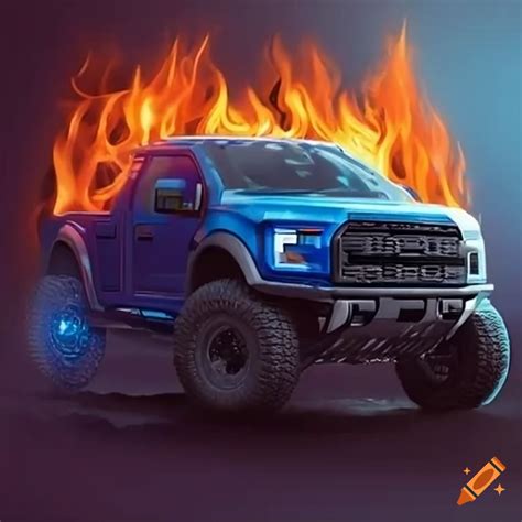 Blue Ford Raptor Engulfed In Flames On Craiyon